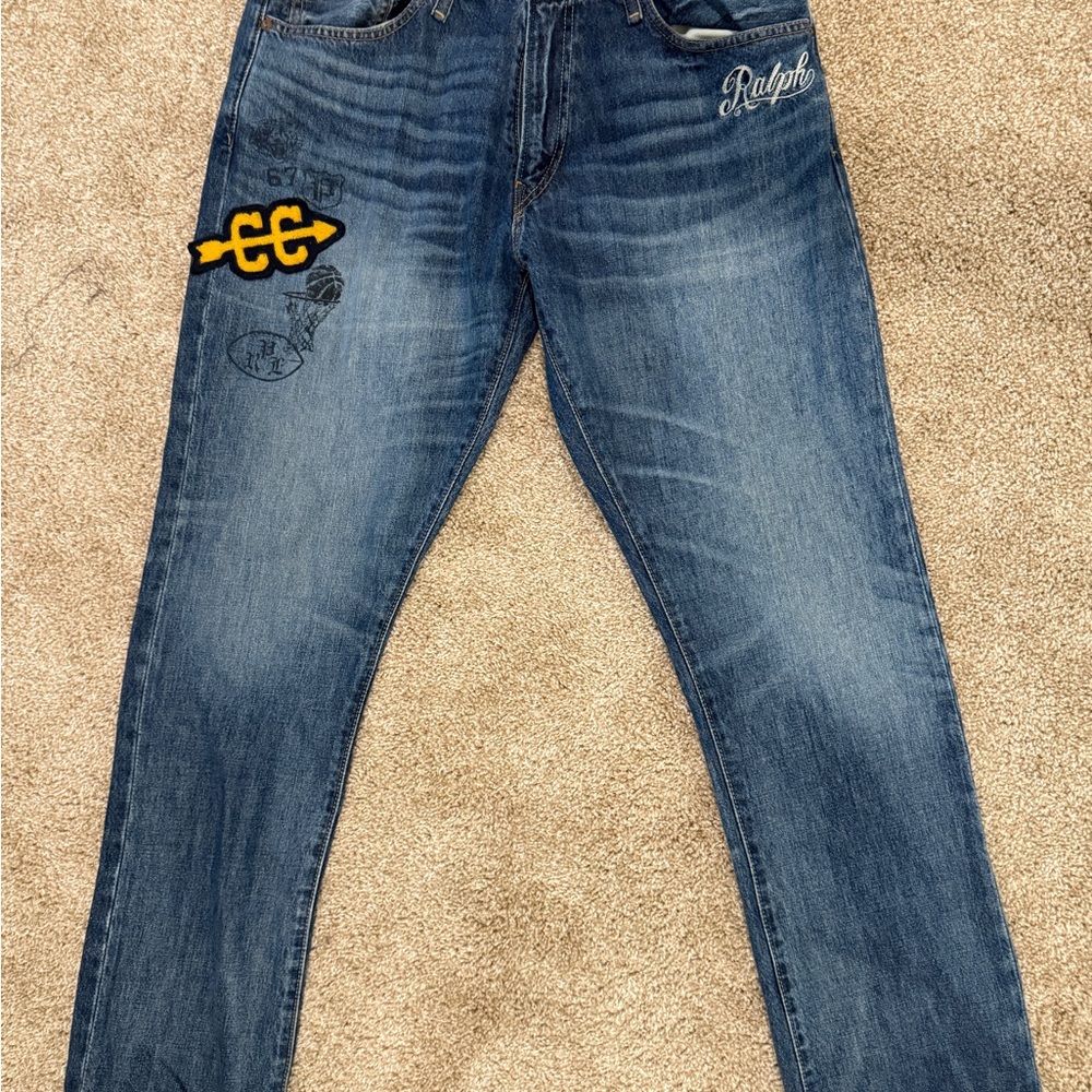 Polo Ralph Lauren Varick Jeans 36x32 CC Varsity Patch Embroidered Slim Straight